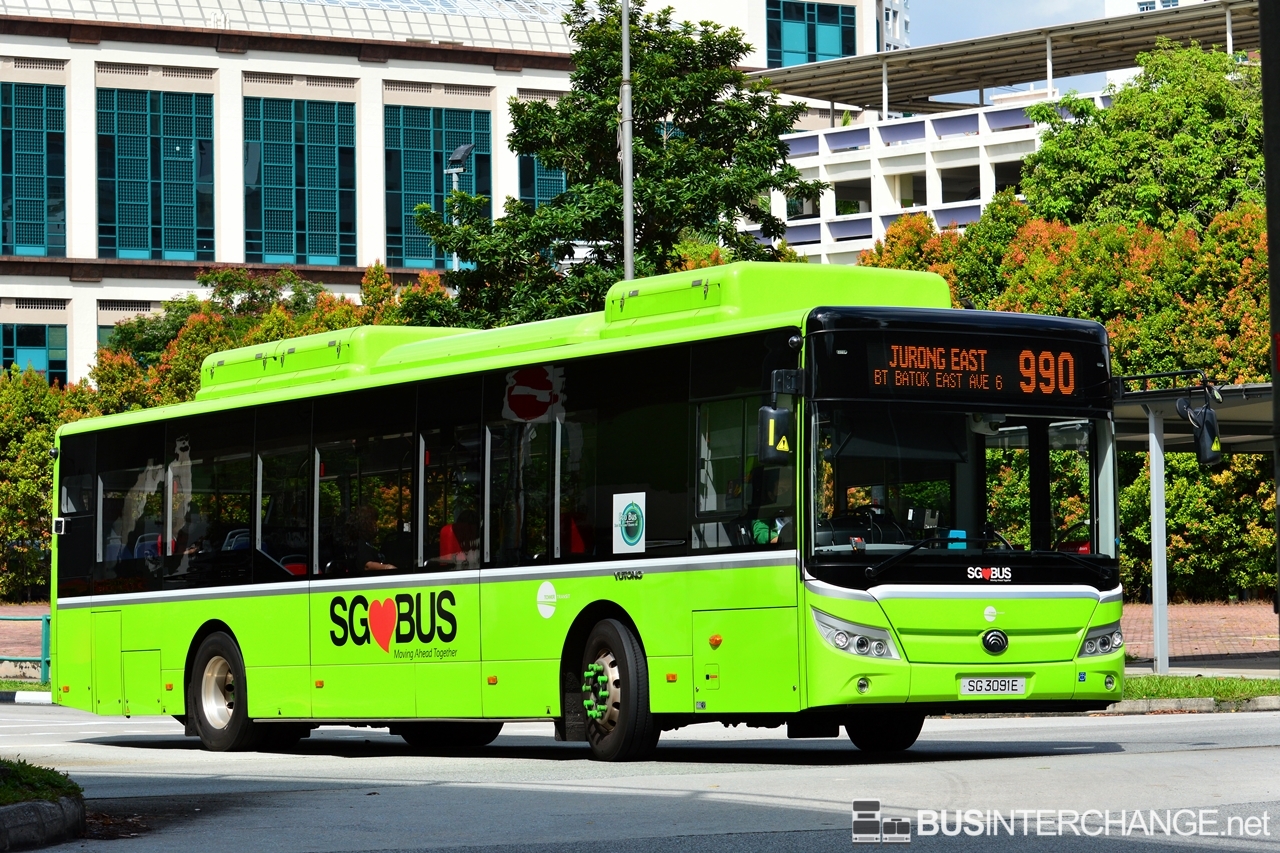 The Yutong E12 (ZK6128BEVG) (SG3091E) is seen on Tower Transit Singapore Bus Service 990.